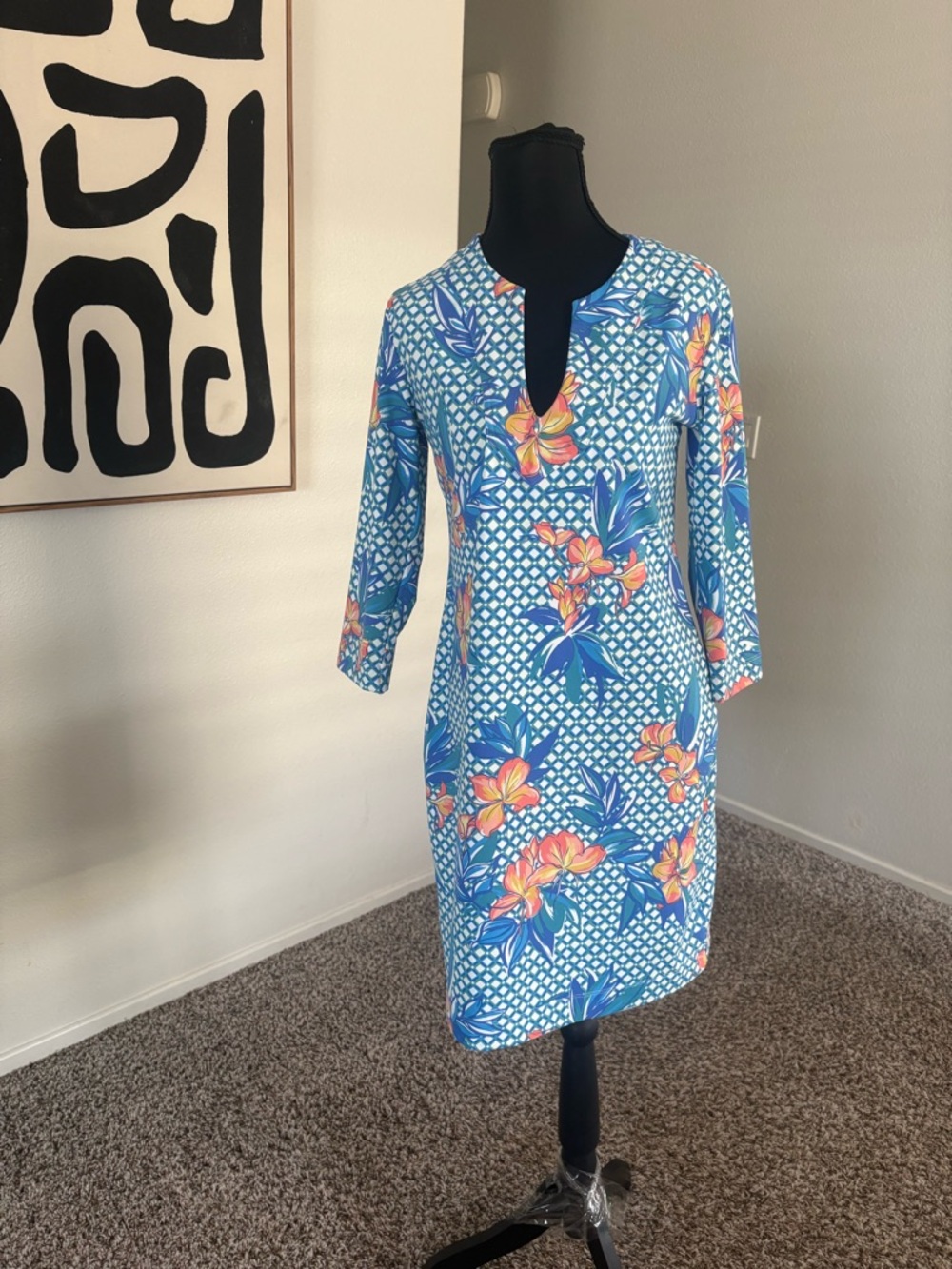 Tori Richard Blue Floral Shift Dress with Orange Accents